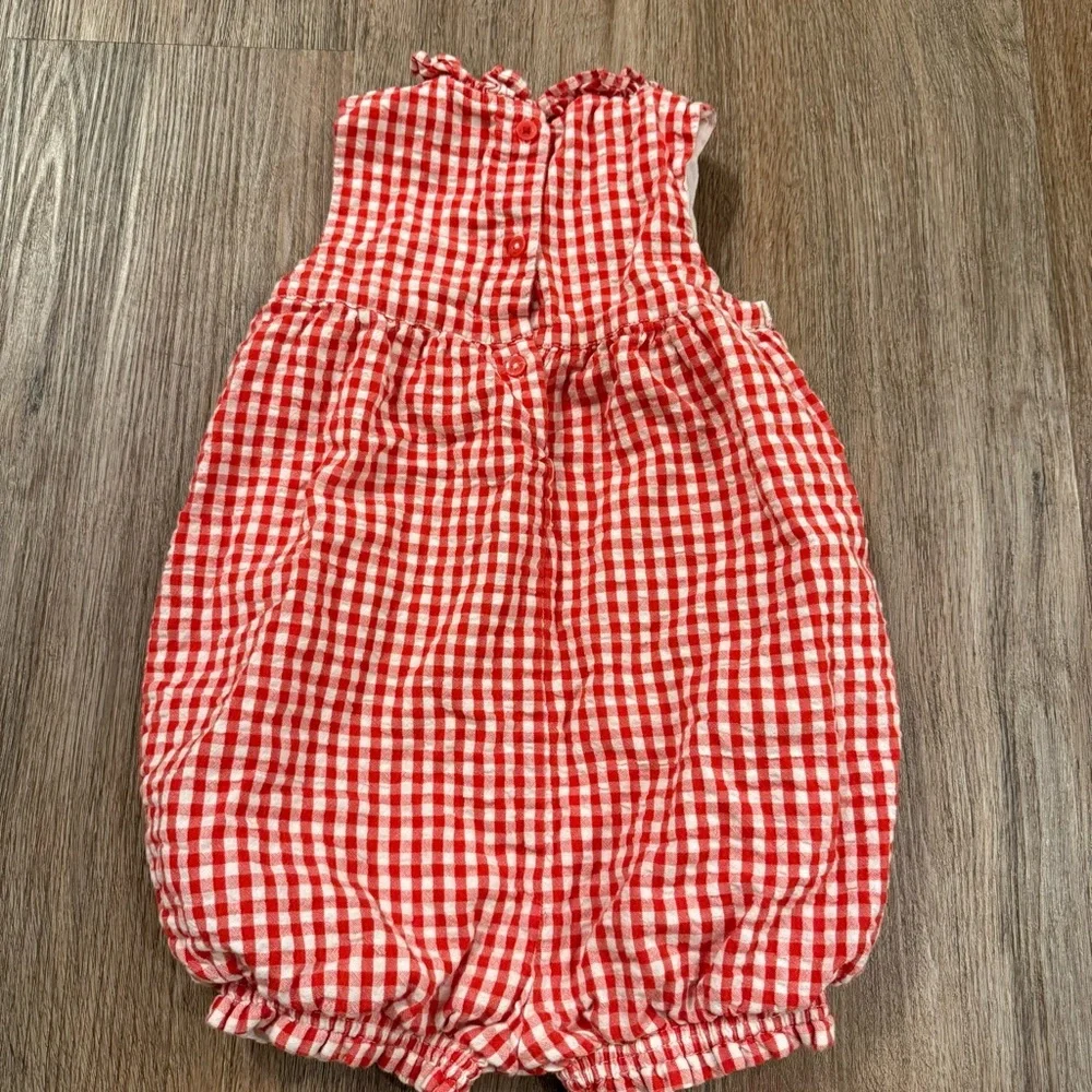 Mini Boden Romper Baby Girl 12-18 Months Red Gingham Smocked Bunny Ruffle Cotton - Picture 3 of 8